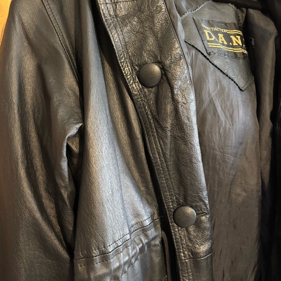 Vintage 90s D.A.N.Y Black Leather Lined Long Drawstring Jacket Coat Classic Sz S - Picture 3 of 9